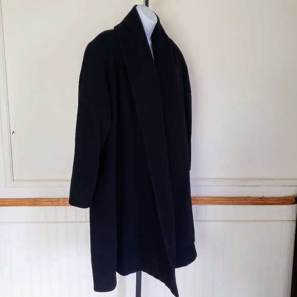 Karen Womens Wool Coat One Size Black Open Front Pockets Lined Winter Warm Vtg - Picture 2 of 10